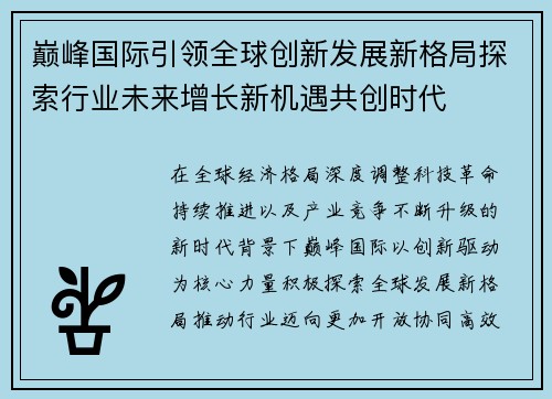 巅峰国际引领全球创新发展新格局探索行业未来增长新机遇共创时代